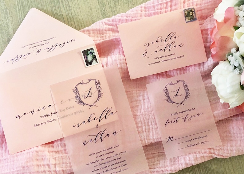 Example of envelope and vellum printing from Onvalop. Rose pink shown here.