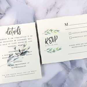 May include: A wedding invitation with a leafy green design. The invitation details the ceremony and reception times, location, and accommodations. The RSVP card includes a space for the guest's name, a choice to accept or decline the invitation, and a space to note any dietary restrictions.