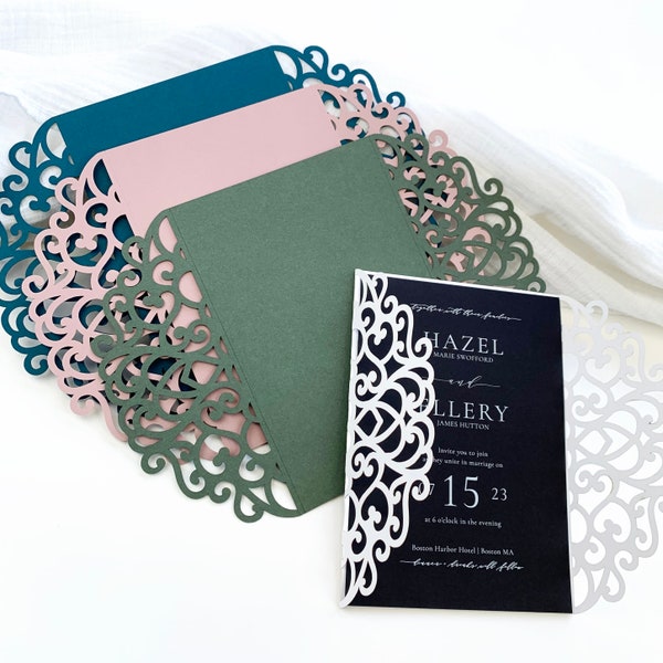 5x7 Swirly Lacey Laser Cut Invitation Jacket| Pre-Cut, Thick Cardstock (Finished Wrap, Not a Template) | 50 Different Colors | Easy to Fold