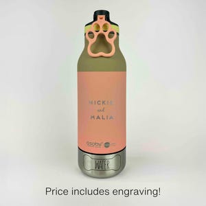 Pink & Gray Personalized Travel, Hiking Water Bottle for Dog | 2 Detachable Bowls for Water, Food + Easy-Pour Spout for Human | Dog Mom Gift
