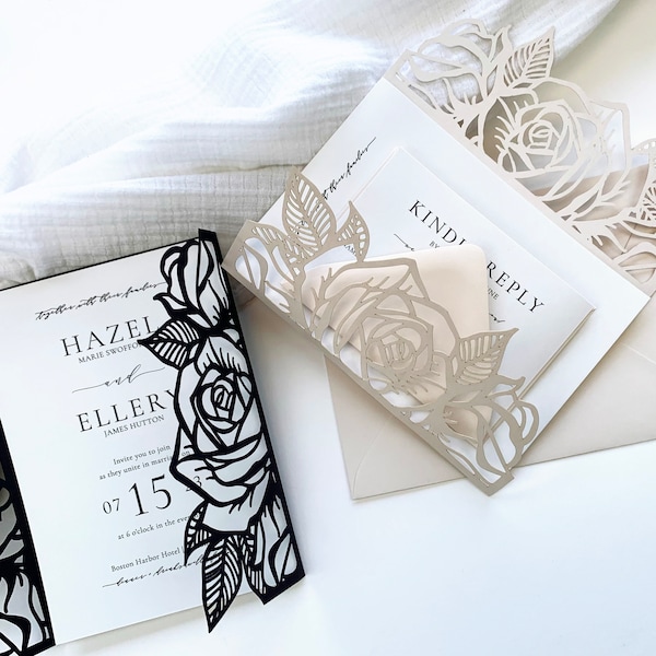 5x7 Floral Laser Cut Invitation Wraps | Pre-Cut, Thick Cardstock | 1 Invitation Jacket | Pre-Creased for Easy Folding