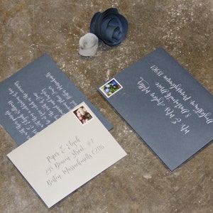 Examples of printed envelopes - dusty blue and chardonnay colors shown here.