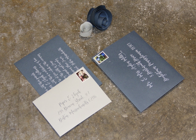 Examples of printed envelopes - dusty blue and chardonnay colors shown here.