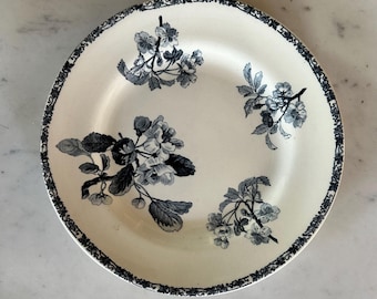 Antique French Transferware Plate – E. Bourgeois Paris, Dark Blue Floral, 9”
