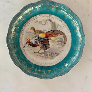 Antique Royal Crown China Pheasant Plate – 8.5” Scenic Bird Shallow Bowl with Teal & Gilt Border