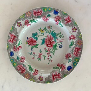 Prato antigo Spode de 8&quot; – Borda floral de peônia, porcelana de pedra, c.1840
