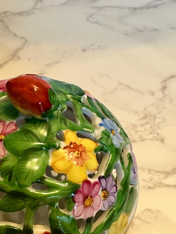 Herend Hungary Handpainted Reticulated Floral Bonbonnière With