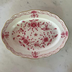19th Century Meissen Pink Floral Porcelain Platter, 13.5” Oval Plate with Gilt Rim