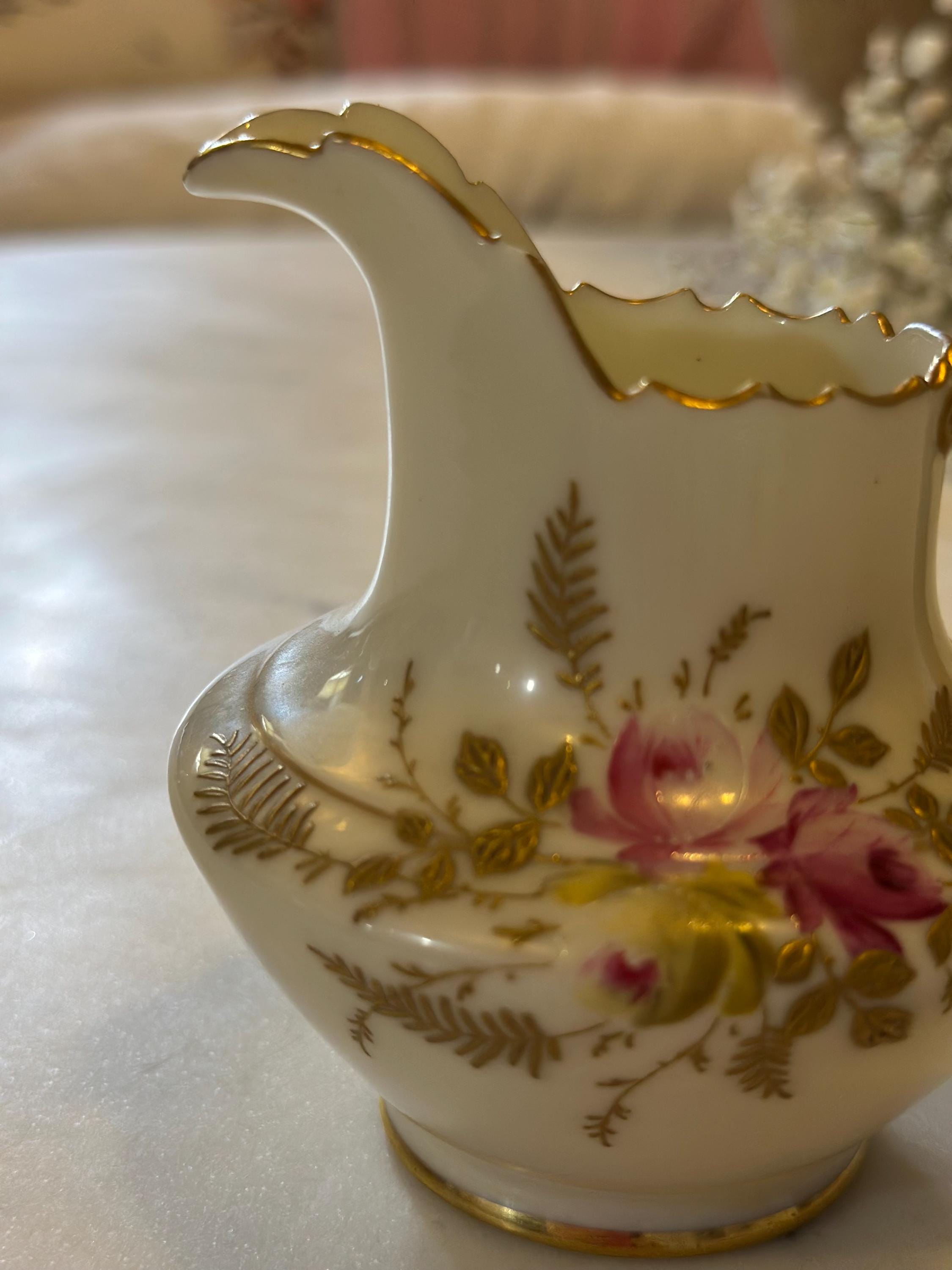 Vintage Hand-painted Floral Porcelain Pitcher With Gold Accents - Etsy