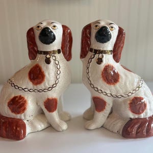 Antique 9” Staffordshire Spaniel Mantel Dogs, Late 19th to Early 20th Century, Liver Spot Pair