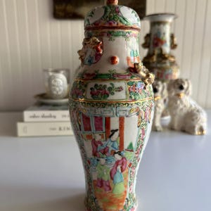 19th C Rose Famille Canton Lidded Vase – 11” Covered Porcelain Jar with Foo Dog Finial