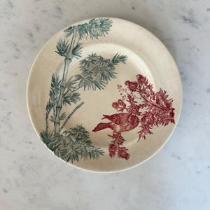 Antique French Faience Transferware Plate – Oiseaux Bird and Bamboo Design – Teal and Red – 9&quot;