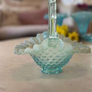 Fenton Aqua Opalescent Hobnail Basket - Vintage Art Glass