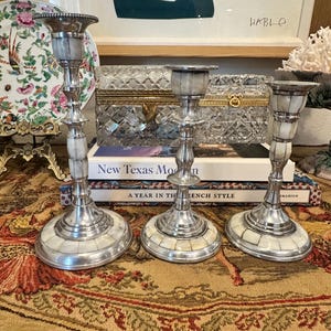 Vintage Mother of Pearl Inlay Candlesticks, Set of 3 Graduated Silver Tone Candle Holders