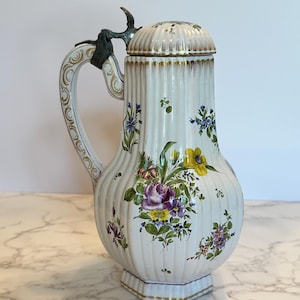 Rare Antique Hand-Painted Porcelain Pitcher with Pewter Lid – Floral and Figural Scenes