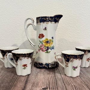 Antique Limoges France Pitcher & Cup Set with Floral and Gilt Detailing