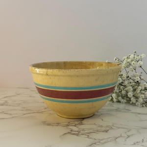 Vintage 7&quot; American Stoneware Mixing Bowl – Red & Blue Stripes, 1940s Farmhouse Crock