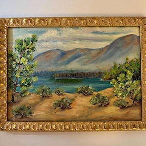 Vintage Framed Landscape Oil Painting – Mountain and Lake Scene, 15.5&quot; x 11.75&quot;