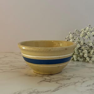 Antique Oven Ware USA Yellowware Mixing Bowl with Blue Band and White Stripes