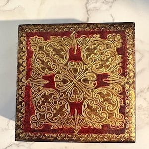 Vintage Florentine Gilt Box – Red & Gold Italian Wood Jewelry or Trinket Box, Ornate Hand-Painted Design