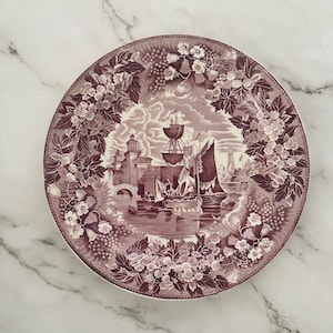 Antique Wedgwood Ferrara Plate – Maroon Transferware, Ships & Castle Scene, 9&quot;