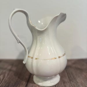 Antique White Ironstone Pitcher with Gold Trim – 10.5&quot; Victorian Style Jug