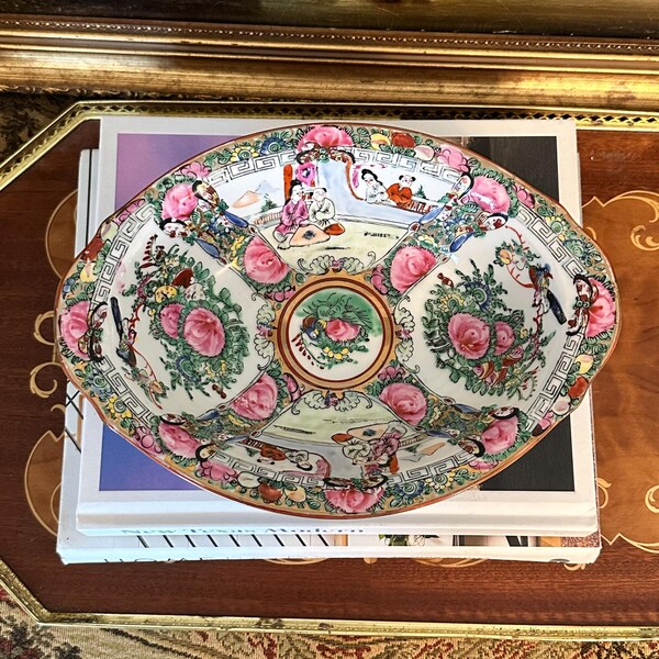 Vintage Rose Medallion Porcelain Serving Bowl, Chinoiserie Oval Dish