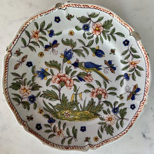 Antique French Faience Plate with Bird & Floral Design – 9&quot; Stapled Repair
