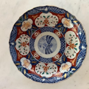 Antique Japanese Imari Plate, 8.5&quot; Scalloped Edge, Hand Painted Blue Red and Gold