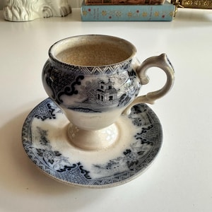 Villeroy & Boch Blue-White Pedestal Cup with Attached Saucer, Mettlach c. 1874–1891