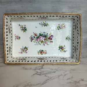 Antique RE Bavaria Reticulated Porcelain Floral Dish – Hand Painted, Gilded, Late 19th/Early 20th C.