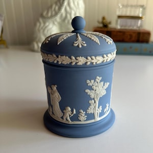 Vintage Wedgwood Blue Jasperware Lidded Jar – 1977 Trinket Box with Classical Relief