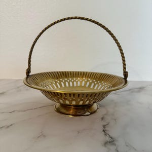 Vintage Pierced Brass Basket with Twisted Handle | 7&quot; Bow