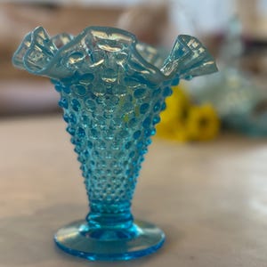 Vintage Fenton Blue Hobnail Vase - Opalescent Ruffled Glass Vase