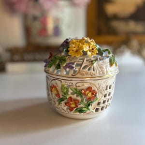 Antique Dresden Reticulated Porcelain Covered Jar with Applied Florals