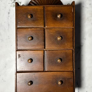 Vintage Primitive Wooden Spice Cabinet with 8 Drawers – Rustic Farmhouse Wall Organizer