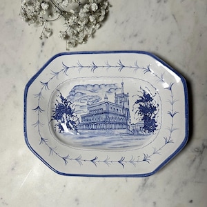 Vintage Blue and White Transferware Platter – Yano Portugal Architectural Scene, c. 1940