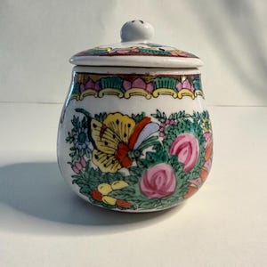 Vintage Rose Canton Tea Jar with Lid – Hand-Painted Porcelain, 8-Hole Pierced Lid