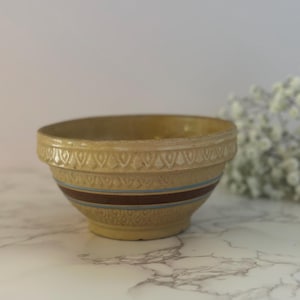 Antique Yellow Ware Mixing Bowl with Crown Mark – 6&quot; Embossed Brown Stripe