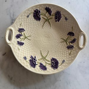 Antique Georg Schmieder Zell Majolica Plate with Purple Carnations & Basketweave