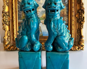 Vintage Turquoise Ceramic Foo Dog Statues - Guardians Pair - 12" Tall