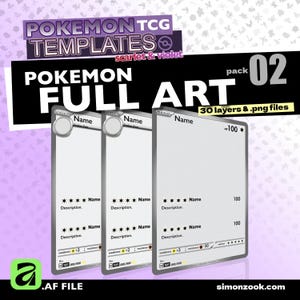 Peut inclure: Trois modèles de cartes à collectionner vierges avec un motif de grille blanche, des champs de texte noirs et des espaces réservés pour les noms, descriptions et statistiques. Le graphique inclut le texte POKEMON TCG TEMPLATES SCARLET & VIOLET POKEMON FULL ART pack 02 30 layers & .png files.