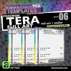 Puede incluir: Un conjunto de plantillas digitales para cartas de Pokemon TCG con el texto POKEMON TCG TEMPLATES scarlet & violet, POKEMON TERA FULL ART y pack 06. La imagen muestra varios diseños de cartas en blanco con espacios para nombres, HP 100.
