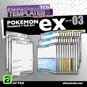 May include: A digital collection of Pokemon TCG templates featuring the text POKEMON TCG TEMPLATES scarlet & violet POKEMON ex pack 03 Standard + Full Art 60 layers & .png files. The set includes multiple blank trading card designs in various colors.