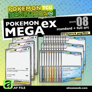 Puede incluir: Una colección digital de plantillas Pokemon TCG Mega Evolution, pack 08, con diseños de cartas estándar y full art. El set incluye 60 capas y archivos .png, con diseños de cartas blancas en blanco que muestran 100 HP, texto y símbolos.