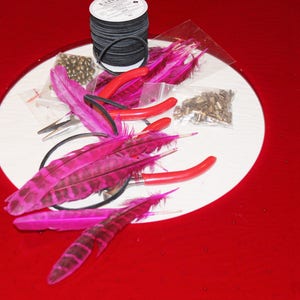 May include: A set of pink feathers, black elastic, pliers, and gold beads on a white surface. The items are arranged in a circle, with the feathers in the center.