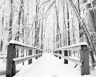 PHOTO PRINT - Bridge Covered with Snow in Rural Winter Woods, 8x10 or 16x20
