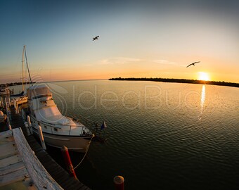 PHOTO PRINT - Yacht Docked by Beautiful Sunrise Over Water, 8x10 or 16x20