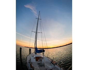 PHOTO PRINT - Sailboat Docked by Beautiful Sunrise Over Water, 8x10 or 16x20