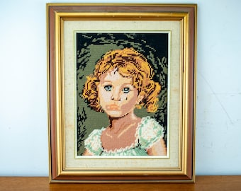 VIntage Framed Cross Stitch Embroidery little girls Sampler Style